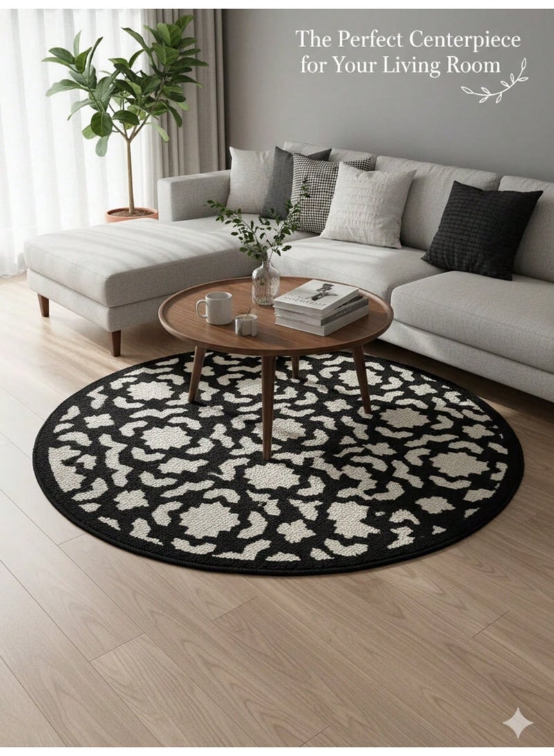 1pc French-Style Round Decorative Rug, 120*120cm, Vintage Black And White Design, Light Luxury Artistic Geometric Pattern, Enhances Home Style, Comfortable Underfoot, Slip-Resistant And Durable - Image 2